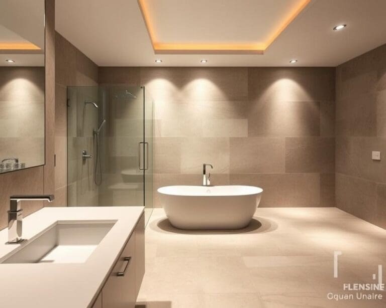 Een badkamer met luxe inbouwspots en natuursteen