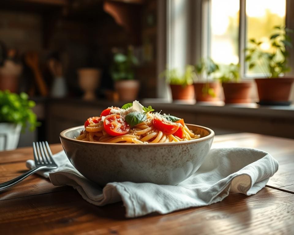 Wat eet je met volkoren pasta na een lange dag?